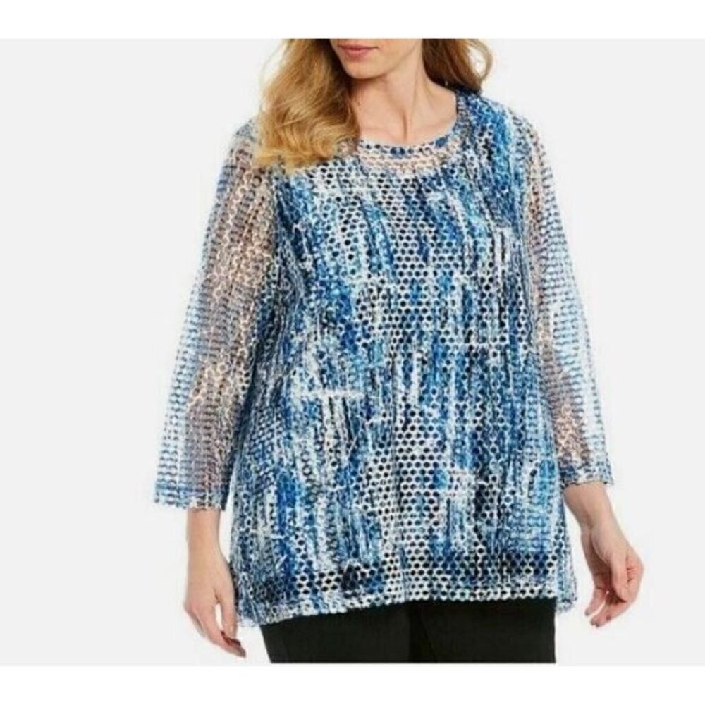 Ali Miles Top Womens 1X Blue Mesh Artsy Tunic Attached Tank Boho Stretchy